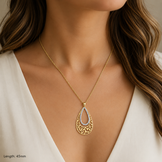 10K Two Tone Yellow and White Gold Filigree Teardrop Pendant