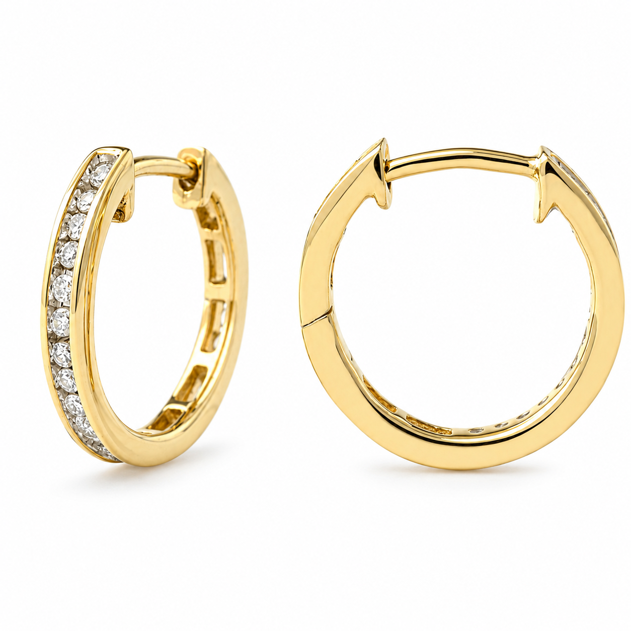 14K Yellow Gold Diamond Channel Setting Hoop Earrings