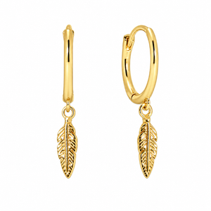 18K Yellow Gold Dangling Feather Earrings
