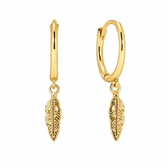 18K Yellow Gold Dangling Feather Earrings