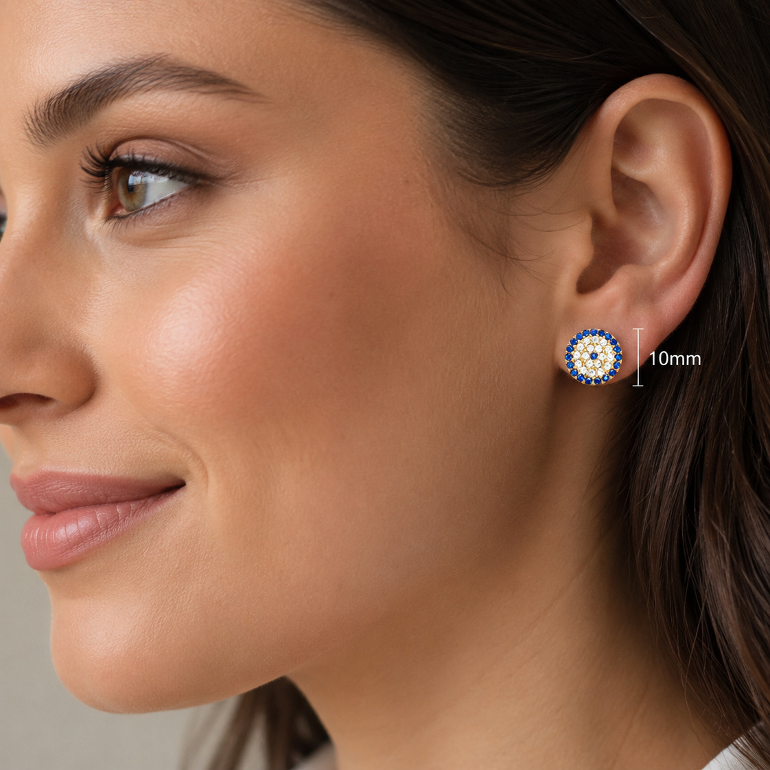18K Yellow Gold Cubic Zirconia Evil Eye Stud Earrings