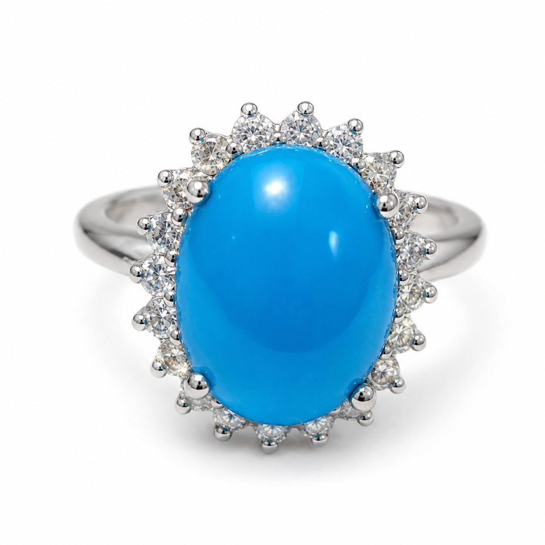 18k White Gold Oval Turquoise and Diamond Halo Ring