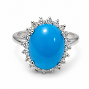 18k White Gold Oval Turquoise and Diamond Halo Ring