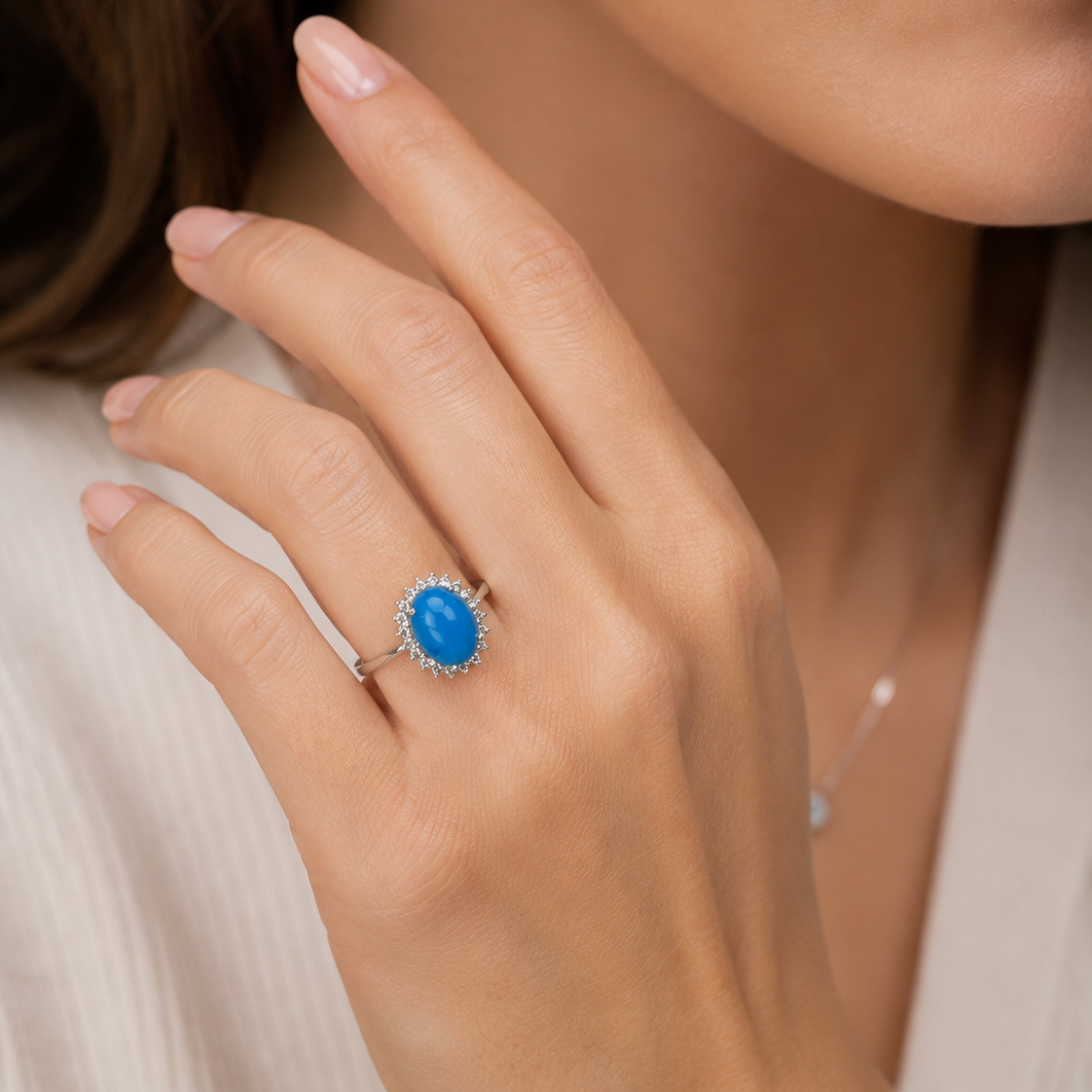 18k White Gold Oval Turquoise and Diamond Halo Ring