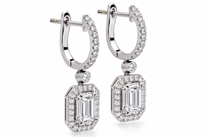18K White Gold Invisible-Set Baguette and Emerald Diamond Halo Drop Huggie Earrings