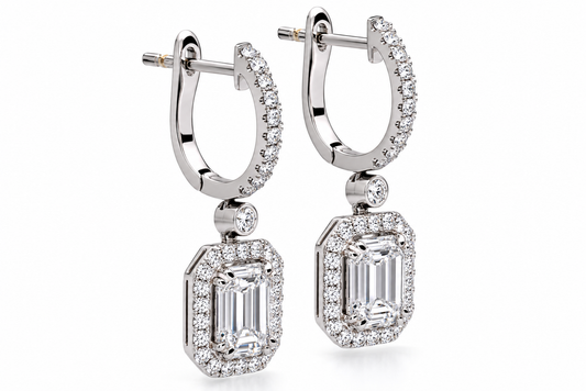 18K White Gold Invisible-Set Baguette and Emerald Diamond Halo Drop Huggie Earrings