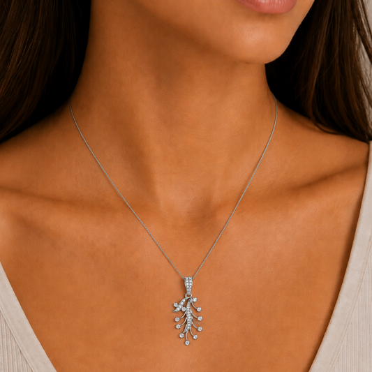 18K White Gold Vintage Diamond Vertical Drop Pendant Necklace