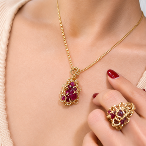 14K Yellow Gold Handcrafted  Natural Ruby Organic Cluster Pendant