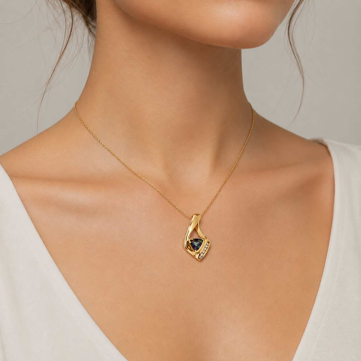 14K Yellow Gold Trillion Cut Mystic Topaz with Diamond Pendant