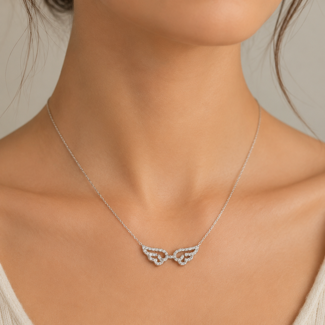 18K White Gold CZ Angel Wings CZ Necklace