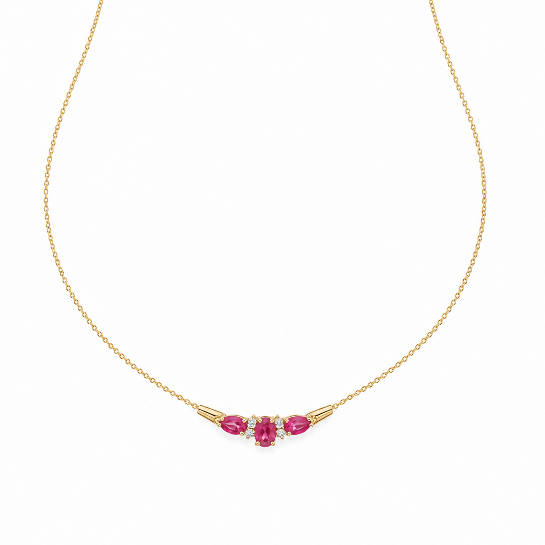 10k Yellow Gold Triple Ruby and Diamond Necklace.