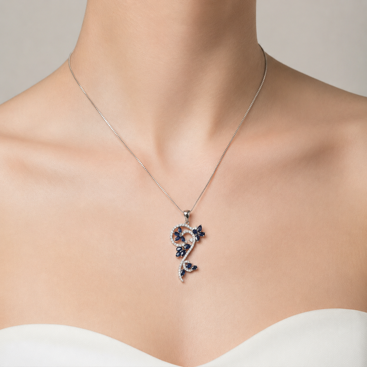 18k White Gold Blue Sapphire & Diamond Floral Vine Pendant
