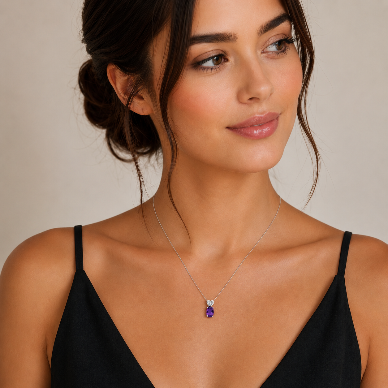 10K White Gold Diamond Heart Amethyst Necklace