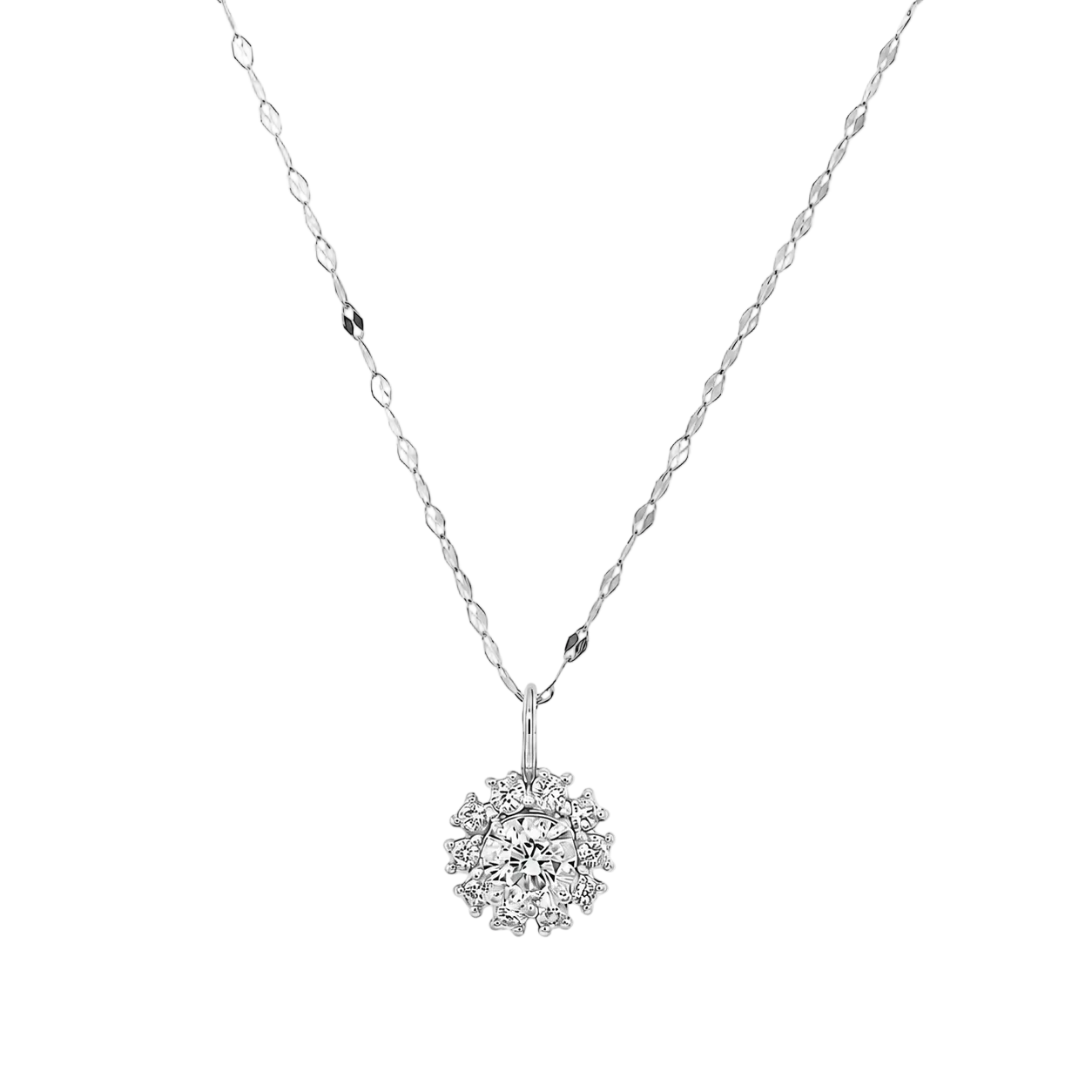 18K White Gold Round Diamond Floral Cluster Pendant Necklace
