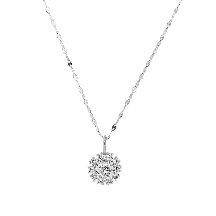 18K White Gold Round Diamond Floral Cluster Pendant Necklace