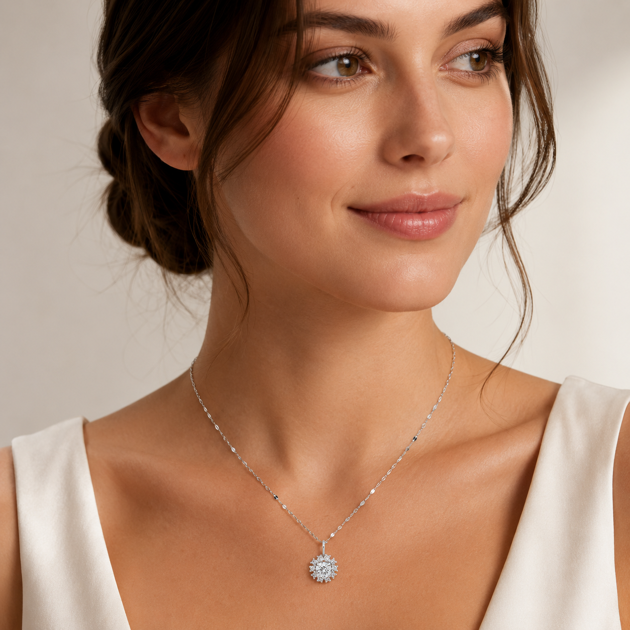 18K White Gold Round Diamond Floral Cluster Pendant Necklace