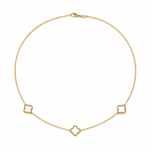 18k Yellow Gold Mother of Pearl Clover Station Necklace