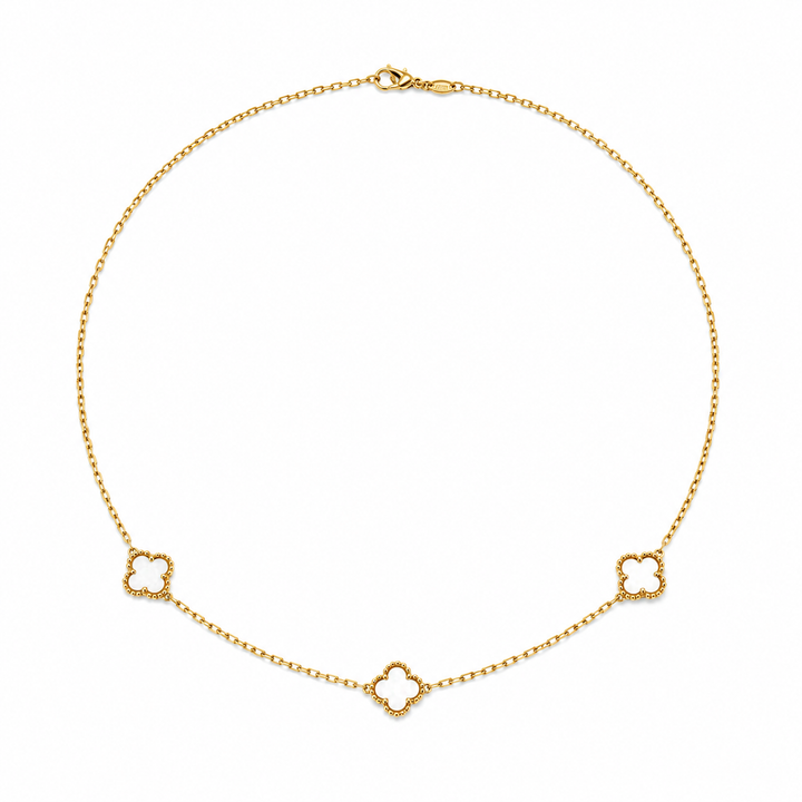 18k Yellow Gold Mother of Pearl Clover Station Necklace