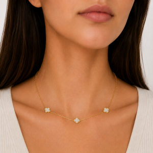 18k Yellow Gold Mother of Pearl Clover Station Necklace