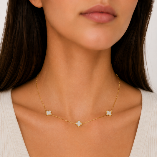 18k Yellow Gold Mother of Pearl Clover Station Necklace