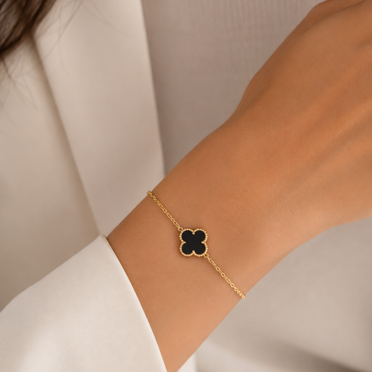 18k Yellow Gold Black Onyx Clover Station Necklace