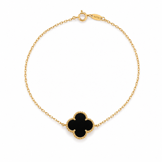 18k Yellow Gold Black Onyx Clover Station Necklace