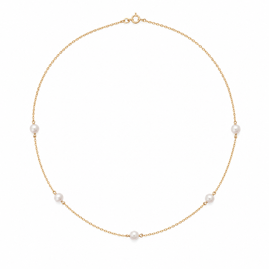 14k Yellow Gold Pearl Station Necklace