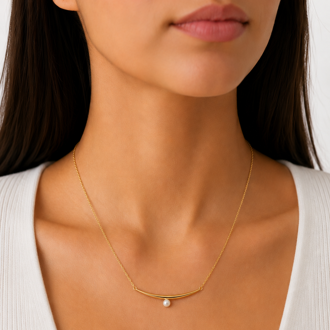 18k Yellow Gold Pearl Bar Station Necklace