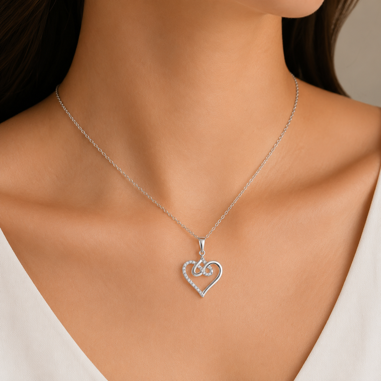 925 Sterling Silver Rhodium-Plated CZ Entangled Hearts  Pendant Necklace