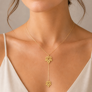 14K Yellow Gold Necklace Y-Shape with Two Leaves Pendants