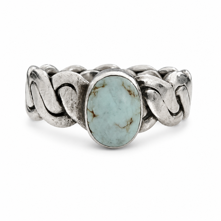 925 Sterling Silver Oval Turquoise Cuban-Link Ring