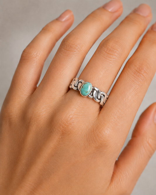 925 Sterling Silver Oval Turquoise Cuban-Link Ring