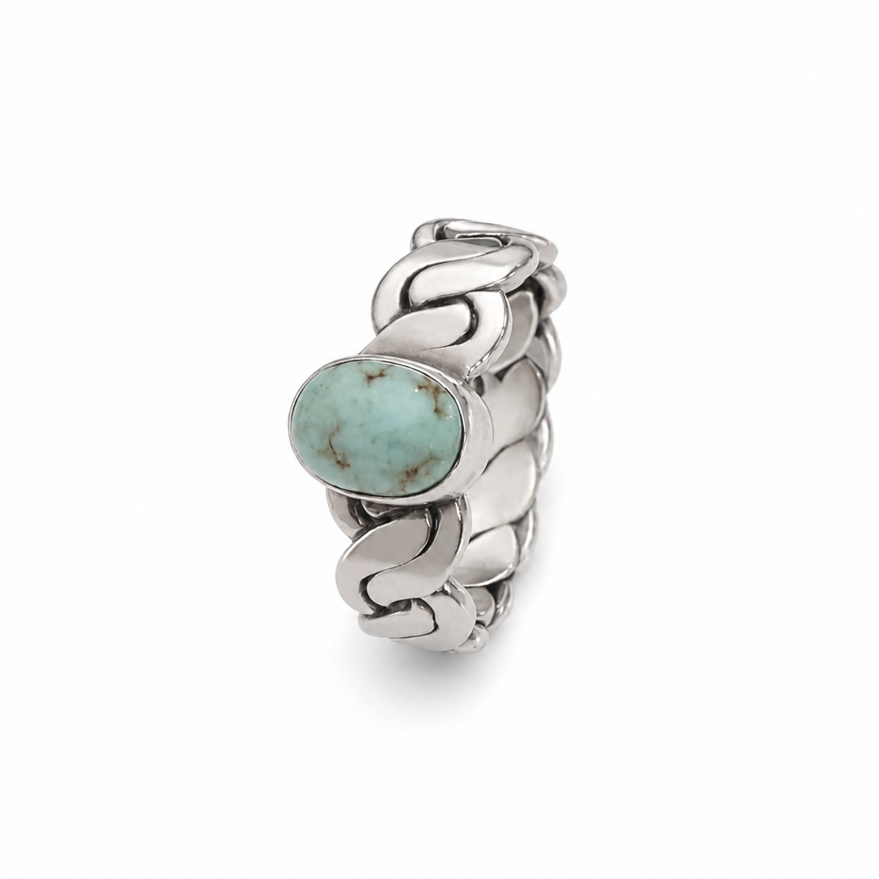 925 Sterling Silver Oval Turquoise Cuban-Link Ring