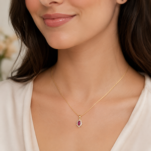 14K Yellow Gold Marquise Shaped Ruby and Diamond Cluster Necklace