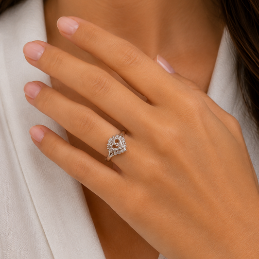 10K White Gold Hollowing Design Heart Shape Diamond Ring