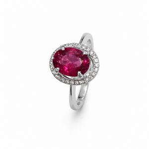 14K White Gold Halo Ruby and Diamond Ring