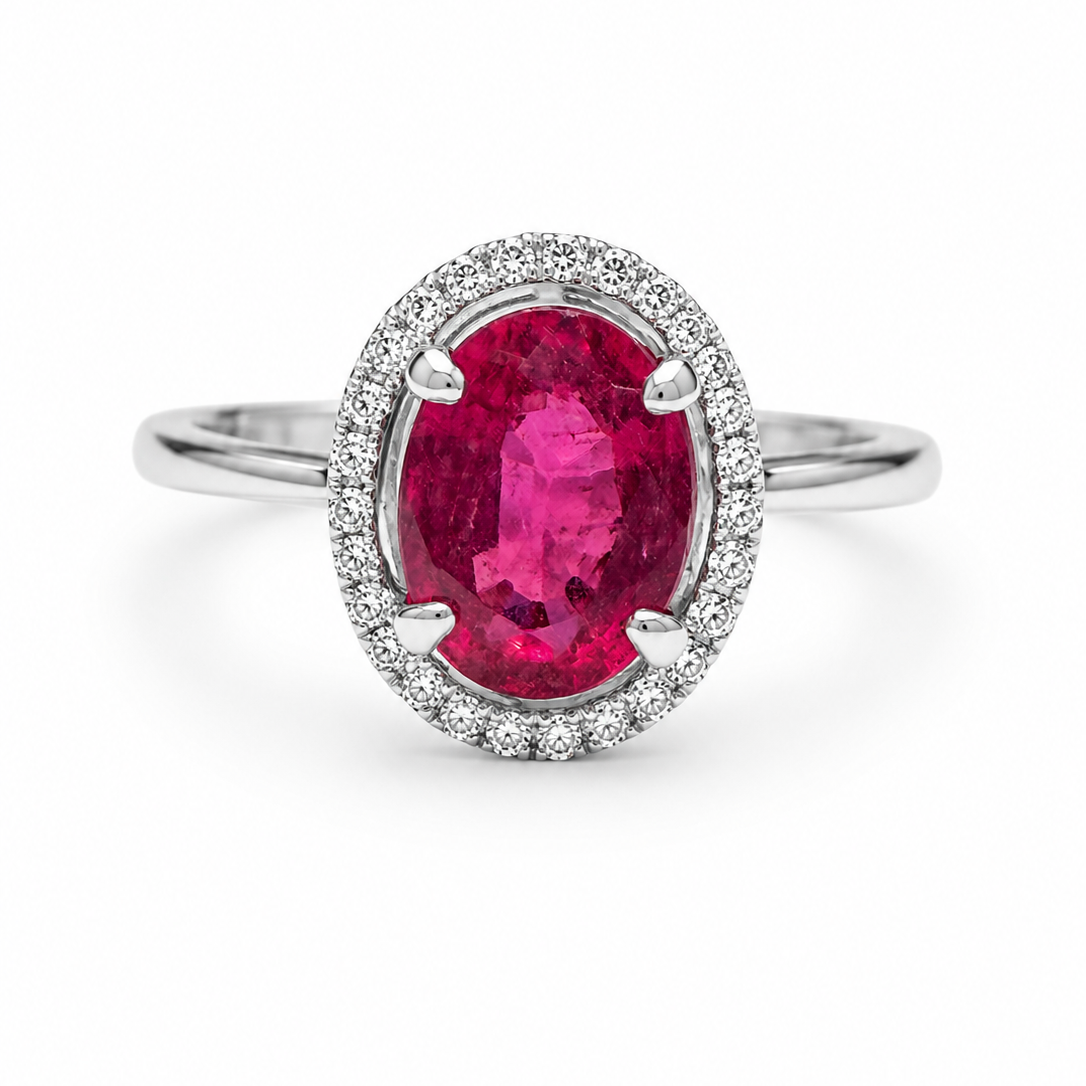 14K White Gold Halo Ruby and Diamond Ring
