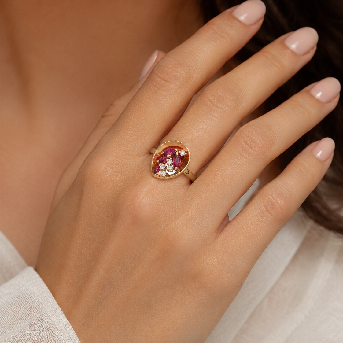 14K Yellow Gold Marquise Shape Ruby and Diamond TRW: .8.00ct. TDW: 0.07ct