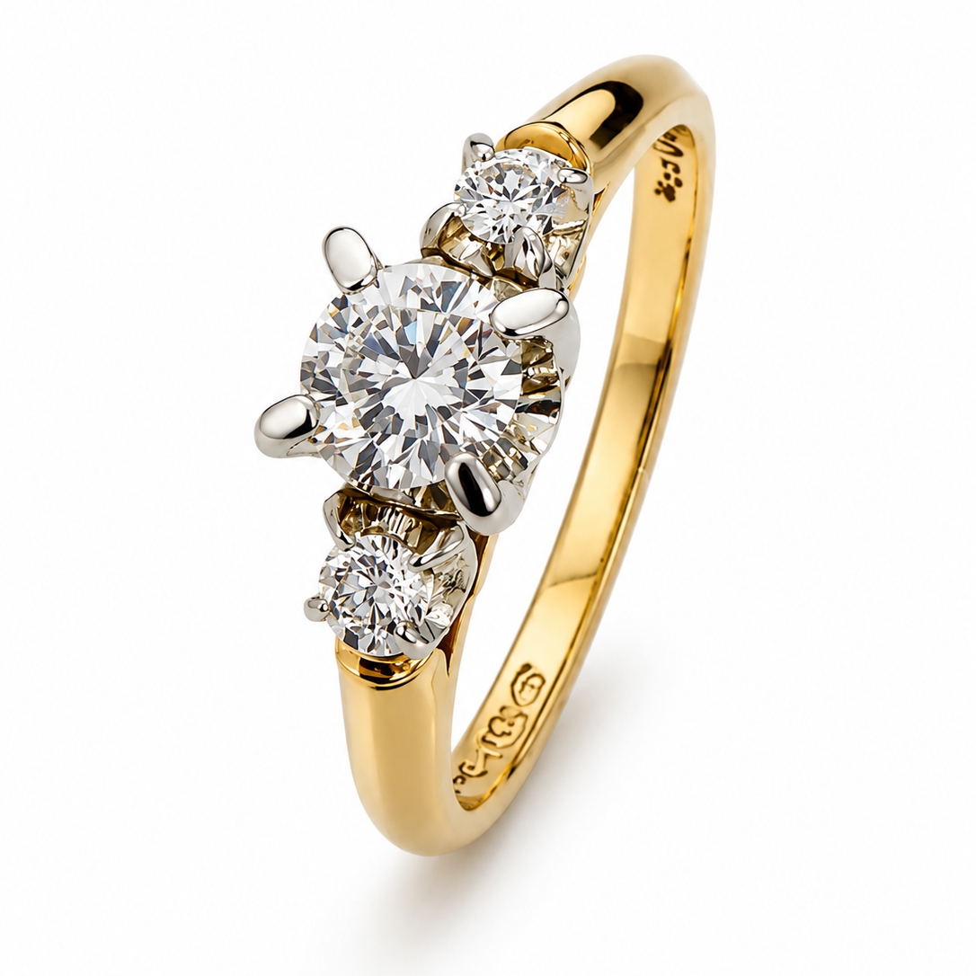 14K 18K Two Tones Gold Round Brilliant Cut Diamond Three-Stone Solitaire Engament Ring