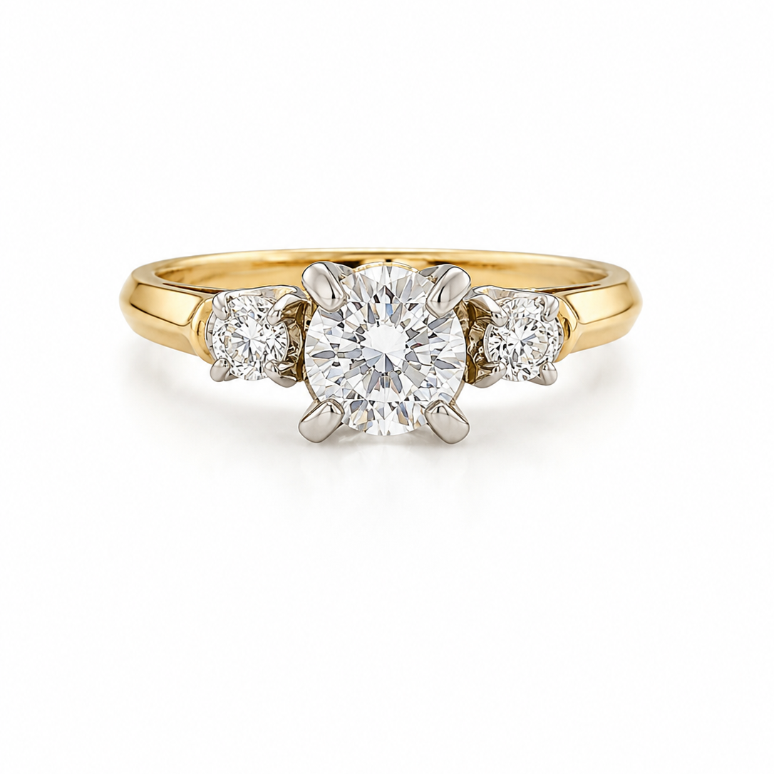 14K 18K Two Tones Gold Round Brilliant Cut Diamond Three-Stone Solitaire Engament Ring