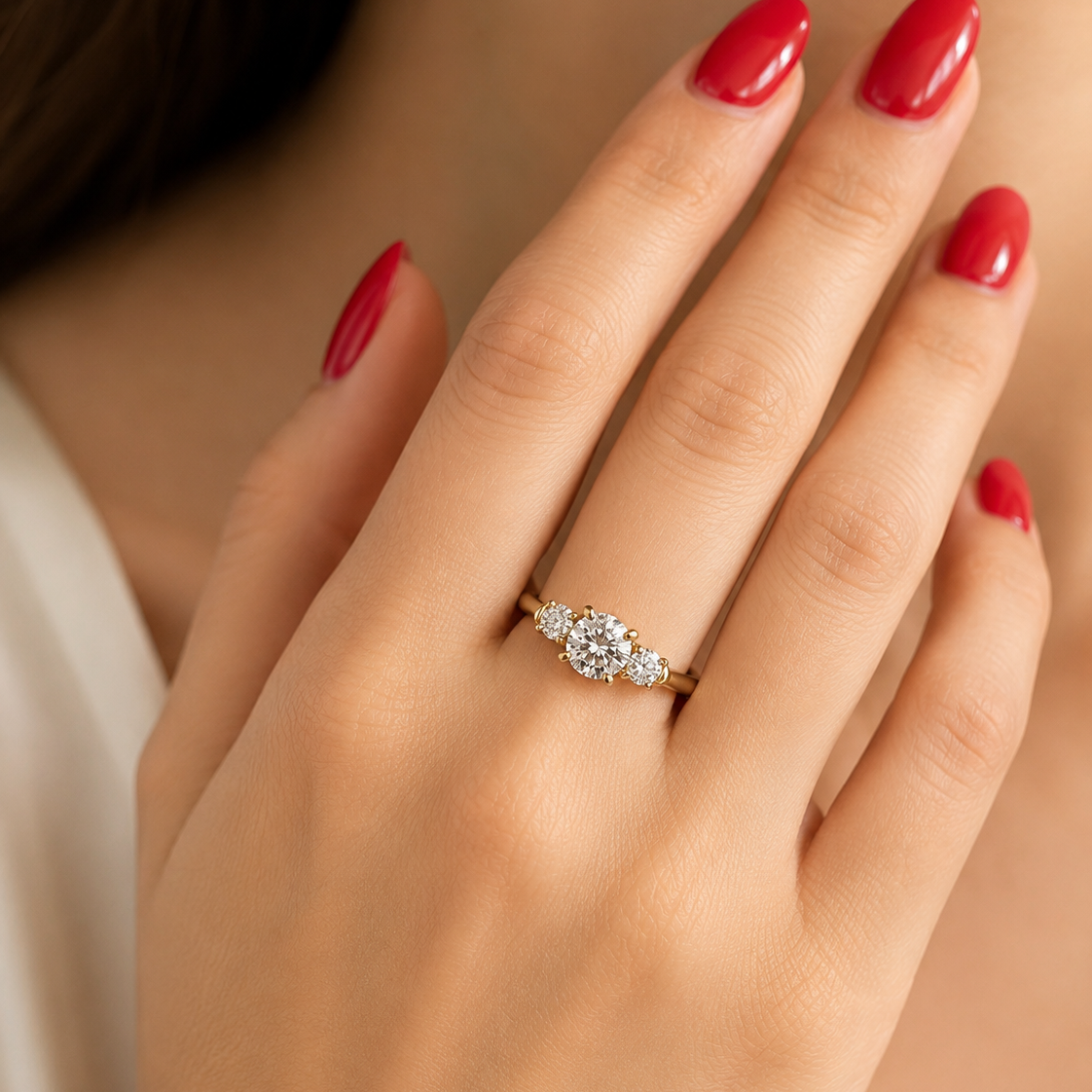 14K 18K Two Tones Gold Round Brilliant Cut Diamond Three-Stone Solitaire Engament Ring