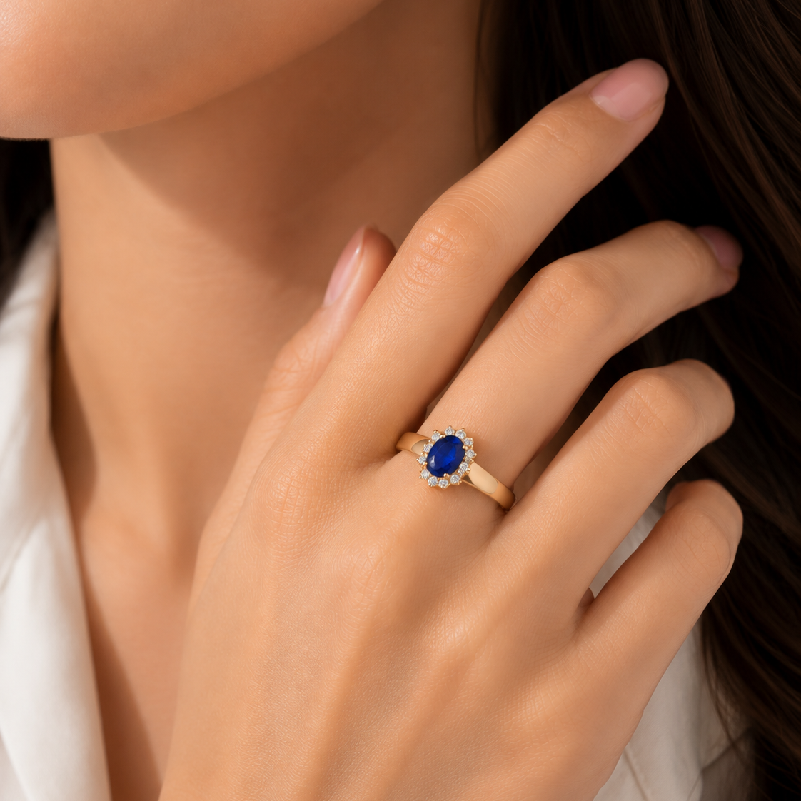 14K Yellow Gold Halo Sapphire and Diamond Ring
