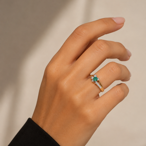 14K Yellow Gold Cocktail Emerald and Diamond Ring.