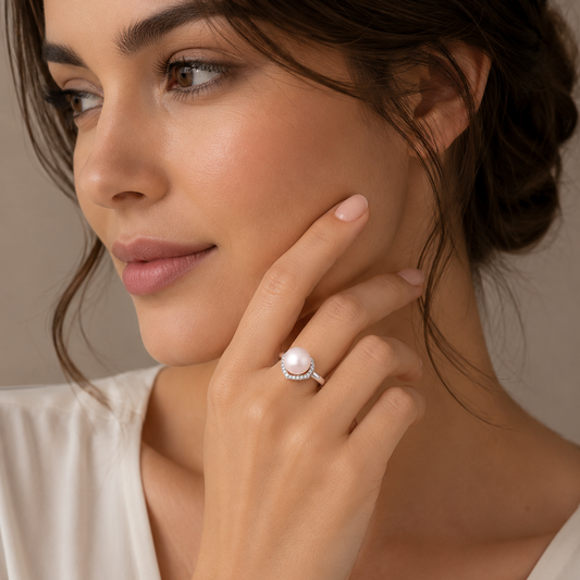14K White Gold Ring Heart-Shaped Pavé Pearl Ring