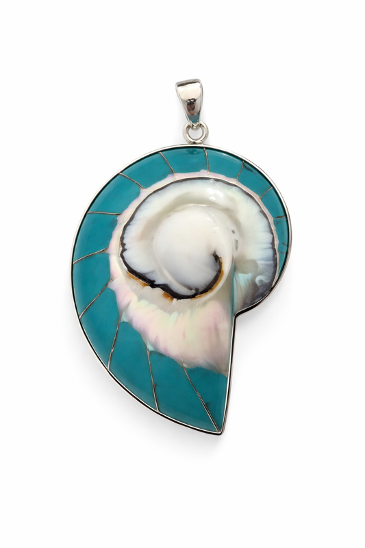 925 Sterling Silver Turquoise Inlay Shell Style Pendant