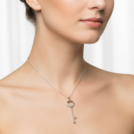 925 Sterling Silver CZ Key Pendant Necklace