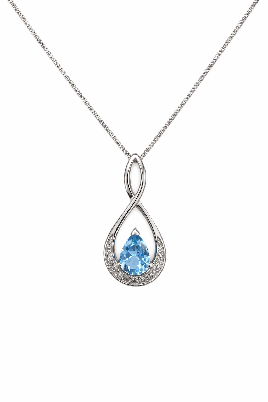 925 Sterling Silver Blue Topaz and CZ Teardrop Pendant Necklace
