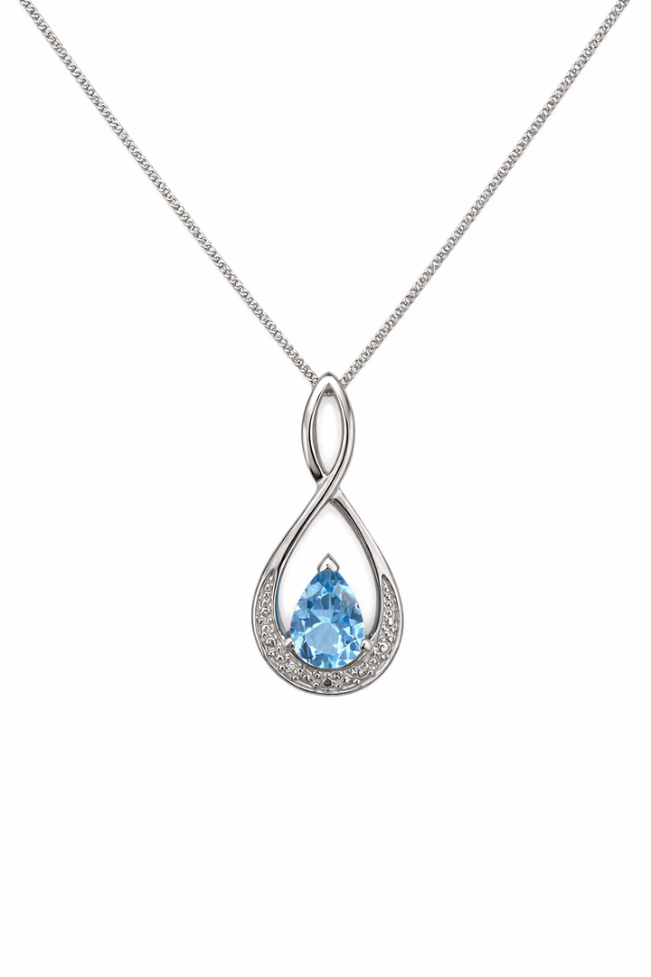 925 Sterling Silver Blue Topaz and CZ Teardrop Pendant Necklace