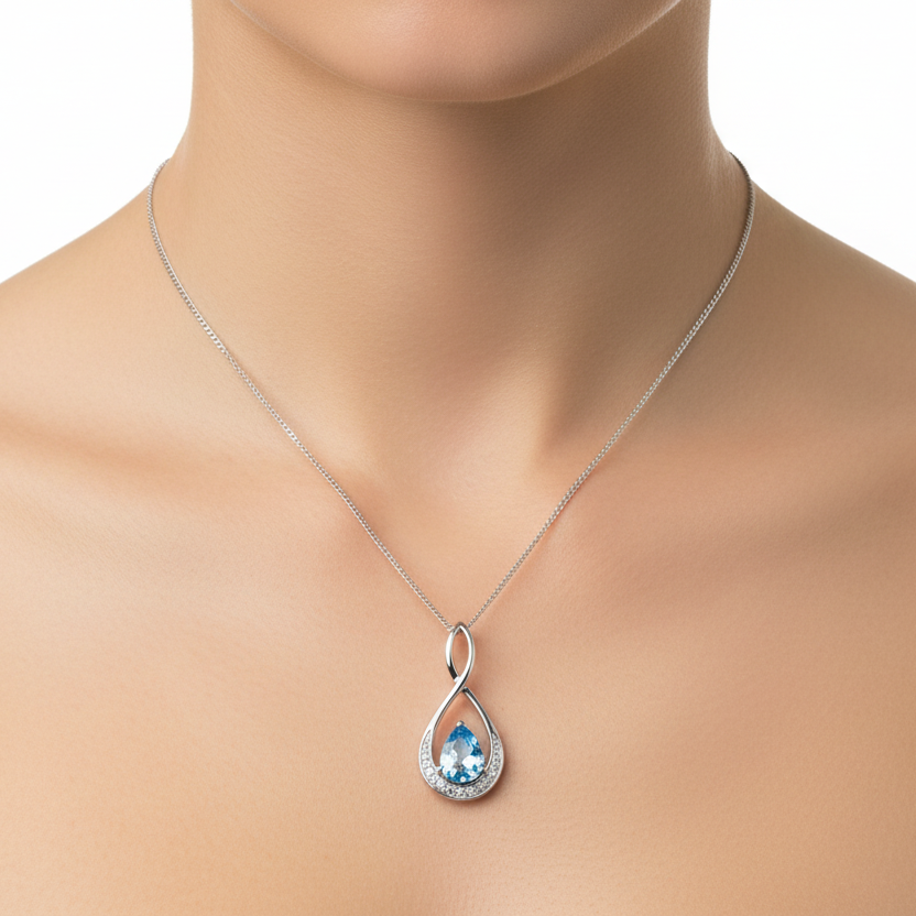 925 Sterling Silver Blue Topaz and CZ Teardrop Pendant Necklace