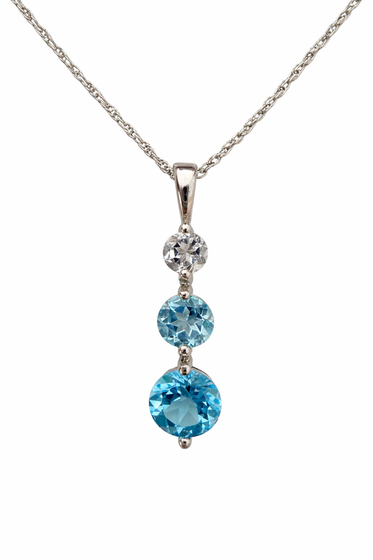 925 Sterling Silver Triple Drop Blue and Clear CZ Pendant Necklace
